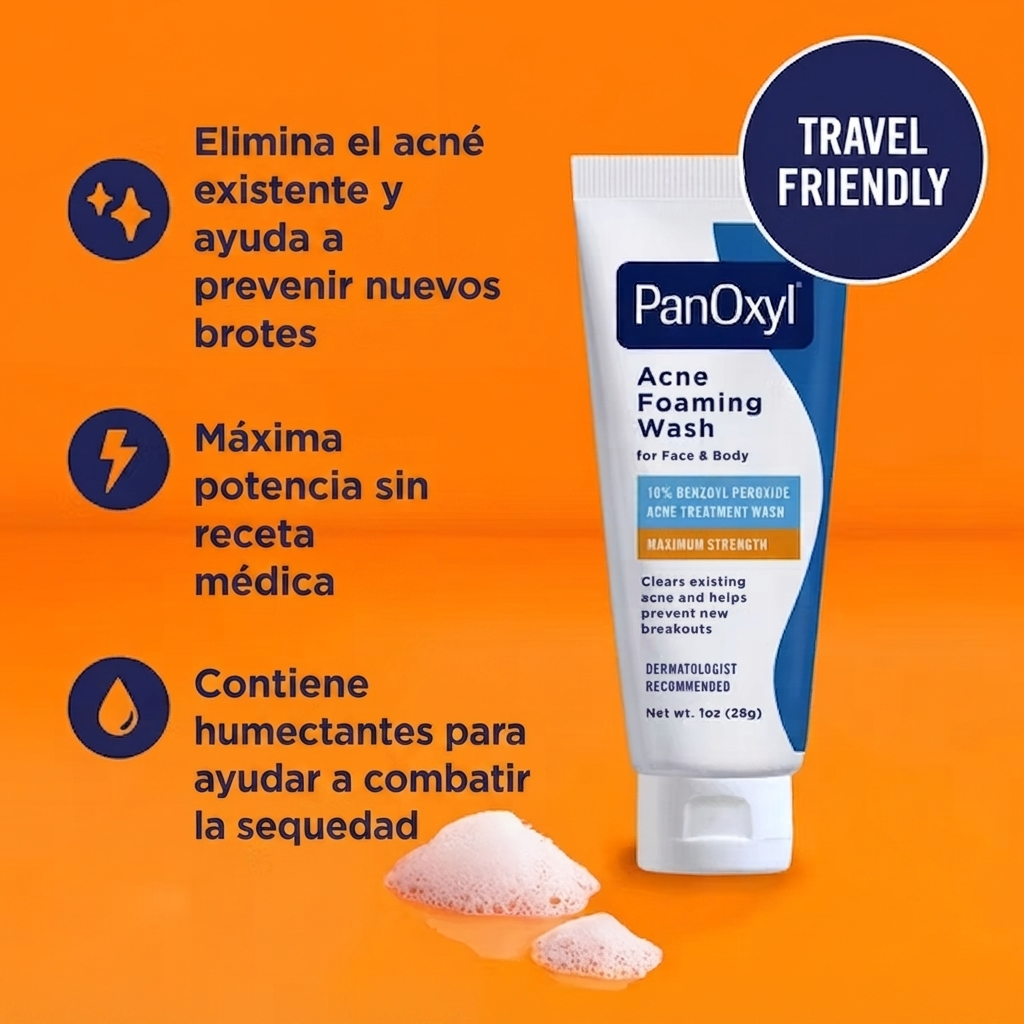PanOxyl 10% Benzoyl Peroxide Acne Foaming Wash, limpiador facial y corporal para el acné 28 g